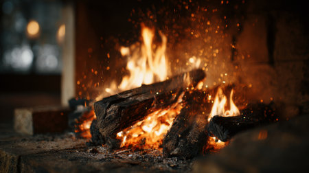 Experience the mesmerizing dance of flames and sparks in a cozy fireplace setting. This image captures the warmth and serene ambiance perfect for gatherings and relaxation.の素材