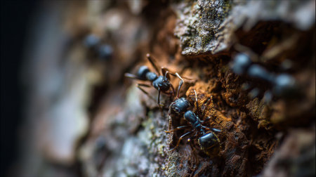 Captivating macro photograph featuring ants on tree bark, highlighting intricate details of their bodies against the textured natural background. A glimpse into life.の素材