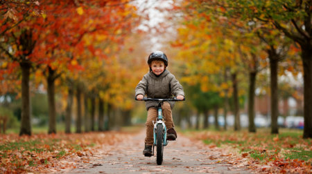 A cheerful child rides a bicycle along a beautiful autumn path, surrounded by colorful foliage and trees, capturing the essence of childhood joy and adventure.の素材