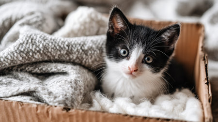 A charming black and white kitten rests in a cozy cardboard box filled with soft blankets, radiating warmth and playfulness in a serene indoor setting.の素材