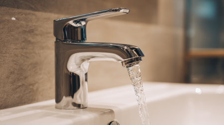 A stunning chrome faucet delivers a gentle flow of water, embodying modern design elements perfect for any contemporary bathroom setting. Ideal for home or commercial spaces.の素材