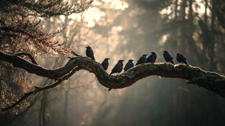 A captivating scene of birds resting on a gnarled branch in a serene forest. The misty atmosphere adds depth, evoking tranquility and connection with nature.の素材