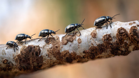 Explore the intricate details of black beetles crawling on a branch, set against a softly blurred natural background, highlighting their fascinating behavior and habitat.の素材