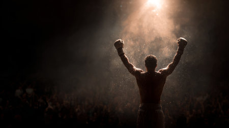A dynamic silhouette of a boxer celebrating victory in an arena. Bright spotlights illuminate the scene, showcasing the triumph and energy of the moment.の素材