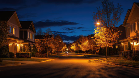 A peaceful suburban street at night, with houses adorned with soft exterior lights and trees casting shadows, creating a serene and inviting nighttime scene.の素材