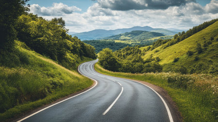 A scenic drive through the countryside, with lush greenery and rolling hills stretching into the horizon, as a road trip car cruises through the winding roadの素材