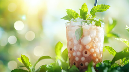 A refreshing image of a bubble tea drink with ice and fresh mint leaves, set against a sunny outdoor backdrop, perfect for hot summer days and relaxation.の素材
