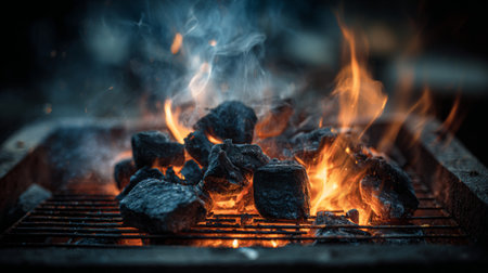 Captivating image of glowing charcoal igniting with vibrant flames in a grill, evoking the essence of outdoor cooking and summer barbecues for culinary enthusiasts.の素材