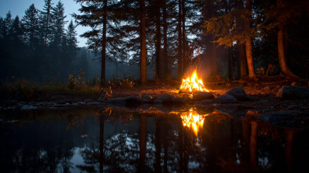 Experience the tranquility of a campfire glowing at dusk, reflected beautifully in a calm lake, surrounded by towering trees and serene wilderness for peaceful evenings.の素材