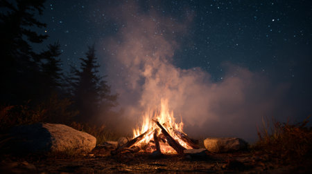 A serene camping scene featuring a vibrant campfire illuminating the night under a starry sky, surrounded by trees and rocks. Perfect for evoking peaceful outdoor memories.の素材