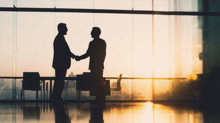 Two businessmen shake hands in silhouette against a stunning sunset, representing partnership and agreement in a modern office environment with reflections.の素材
