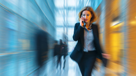 A professional woman in a business suit is seen walking swiftly through a modern office space while engaged in a phone conversation, illustrating a dynamic work life.の素材