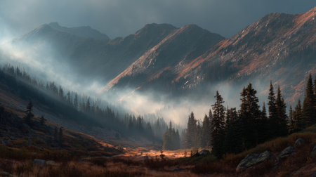 This stunning mountain landscape features a misty valley embraced by towering pine trees, with soft sunlight filtering through the atmospheric haze, creating a serene, picturesque view.の素材