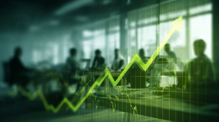 Visual representation of business growth through a green upward chart overlaying a meeting scene, showcasing professionals engaged in strategic financial discussions.の素材