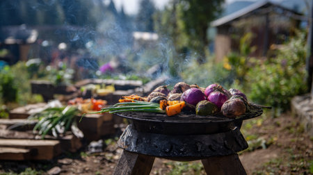 This image depicts a vibrant scene of grilled vegetables on a barbecue grill, creating a smoky atmosphere in a natural setting filled with fresh produce.の素材