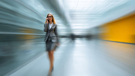 A dynamic scene of a busy businesswoman in a modern office setting, conveying a sense of urgency and professionalism while engaging in a phone conversation.の素材