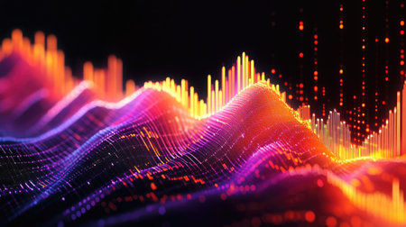 A stunning 3D financial graph showcasing rising trends in vibrant colors, set against a sleek dark background, emphasizing the dynamic nature of the stock market.の素材