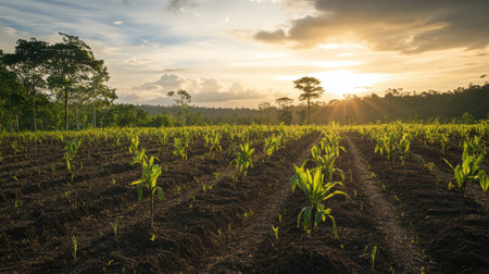 A serene landscape of reforested areas with young trees flourishing, representing successful initiatives to combat deforestation and promote biodiversity.の素材