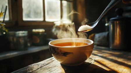 A spoonful of sugar being added to a cup of steaming tea, with warm light filtering through a kitchen window, evoking a cozy and inviting atmosphere.の素材