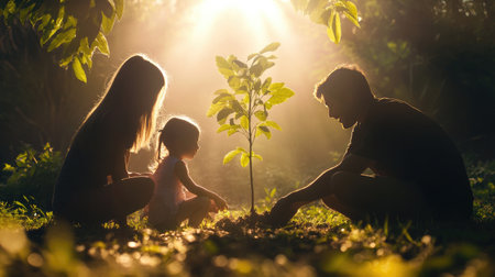 A silhouette of a family planting a tree in their backyard, symbolizing growth and nurturing, with sunlight filtering through the leaves creating a magical scene.の素材