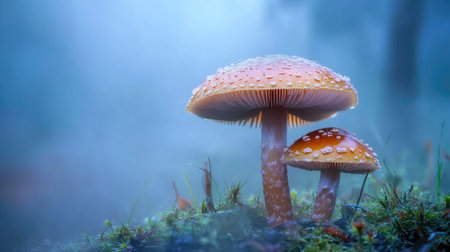 A serene scene of mushrooms growing in the early morning fog, with dew glistening on their caps, creating an enchanting and mystical atmosphere in nature.の素材