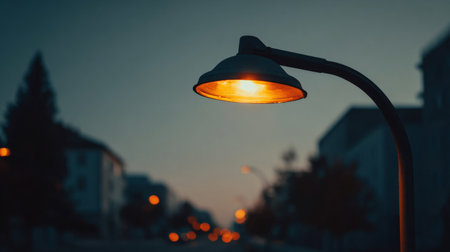 A warm glow emanates from a street lamp on a quiet urban street, creating a serene atmosphere in the evening. The blurred lights in the background enhance the tranquil scene.の素材