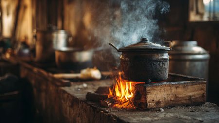 A rustic kitchen scene featuring a steaming pot placed over an open flame, exuding warmth and a sense of nostalgia for traditional home-cooked meals.の素材