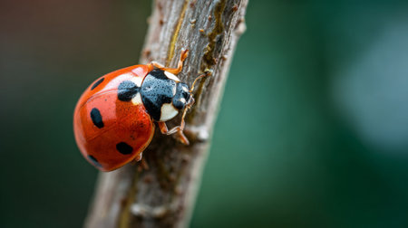 A detailed close-up image of a ladybug perched on a branch, presenting its striking colors and unique patterns against a soft-focus green backdrop, perfect for nature lovers.の素材
