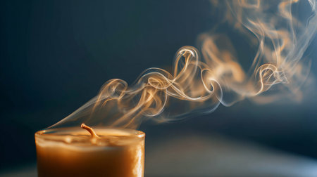 This image captures a softly lit candle emitting delicate swirling smoke against a dark backdrop, creating a serene atmosphere perfect for relaxation.の素材