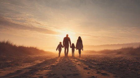 A heartwarming scene depicting a family walking hand in hand on a serene beach during sunset, surrounded by soft golden light, evoking feelings of love and togetherness.の素材