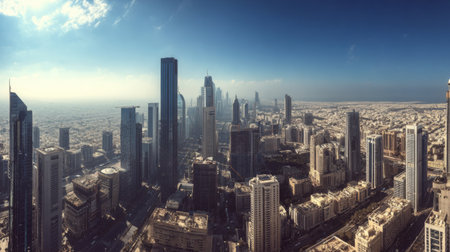 This stunning panoramic view captures a modern city skyline filled with high-rise buildings under a clear blue sky, showcasing urban development and architectural beauty.の素材