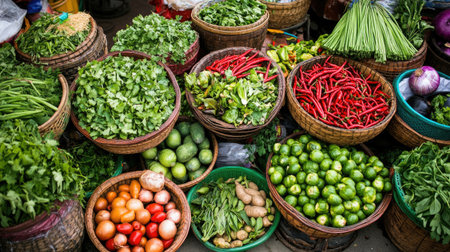 A vibrant market scene with a variety of fresh herbs, vegetables, and spices commonly used in Vietnamese cooking, emphasizing the importance of fresh ingredientsの素材