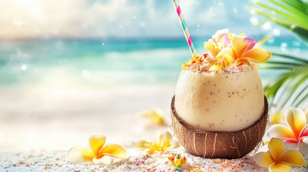 A tropical fruit smoothie in a coconut shell, garnished with colorful paper straws and tropical flowers, set against a sandy beach background.の素材