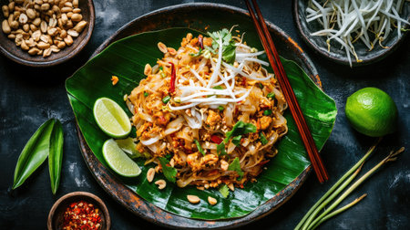 A vibrant plate of pad Thai garnished with fresh lime, peanuts, and bean sprouts, served on a banana leaf, with chopsticks ready to dig into this iconic Thai dish.の素材