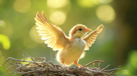 A touching image of a chick stretching its wings for the first time in a nest, symbolizing growth and the journey toward independence in the avian world.の素材