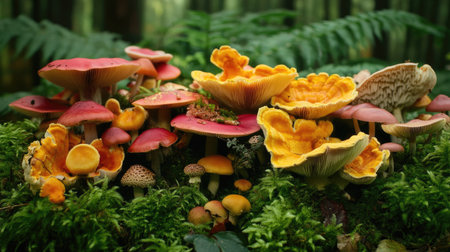 A vibrant close-up of a variety of wild mushrooms growing in a lush green forest, showcasing their unique shapes, colors, and textures in a natural setting.の素材