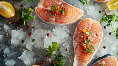 A vibrant market display of fresh fish steaks, arranged on ice with colorful herbs and spices, capturing the essence of a fresh catch ready for cooking.の素材