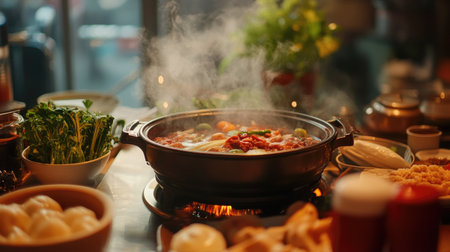 A visually appealing hot pot setup at a restaurant, with various fresh ingredients displayed around the steaming pot, creating an inviting atmosphere for diners.の素材