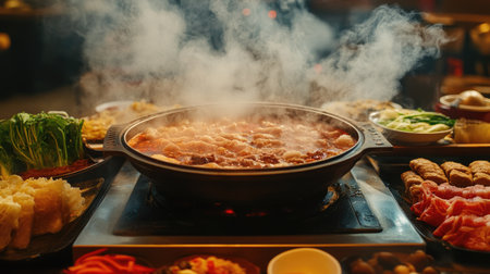 A visually appealing hot pot setup at a restaurant, with various fresh ingredients displayed around the steaming pot, creating an inviting atmosphere for diners.の素材