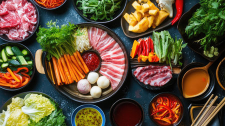 A vibrant table setting filled with an assortment of fresh vegetables, thinly sliced meats, and colorful dipping sauces, ready for a delicious shabu hot pot meal with family and friends.の素材