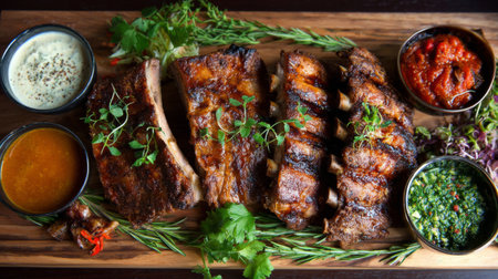An exquisite grilled meat platter featuring tender ribs, vibrant sauces, and fresh herbs presented beautifully on a wooden board. Perfect for culinary occasions.の素材