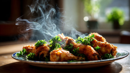 A mouthwatering view of crispy fried chicken wings, beautifully garnished with fresh parsley, set against a cozy kitchen backdrop with soft smoke rising.の素材