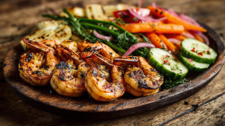 A beautifully arranged grilled shrimp platter featuring succulent shrimp with fresh vegetable sides, perfect for a summer gathering or gourmet dinner experience.の素材