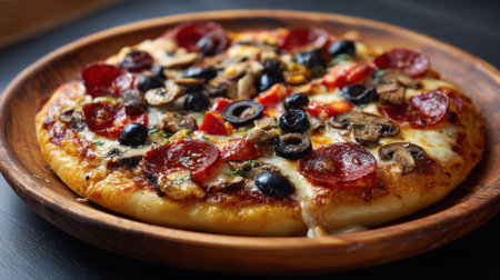 Savor the enticing look of a freshly baked pepperoni pizza topped with mushrooms and olives, beautifully presented on a rustic wooden plate, perfect for any meal.の素材