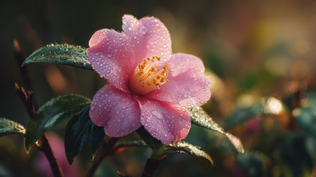 A stunning close-up photograph capturing the beauty of a pink flower adorned with dew droplets, surrounded by lush green leaves in warm morning light.の素材