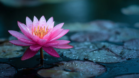 A stunning pink water lily stands tall with droplets glistening on its petals, showcasing natural beauty against a backdrop of soft green leaves in a tranquil pond setting.の素材