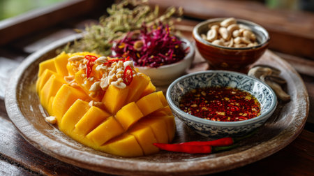 This visually appealing image features sliced yellow mango served with a spicy sauce, fresh herbs, and nuts on a wooden platter, perfect for showcasing tropical cuisine.の素材