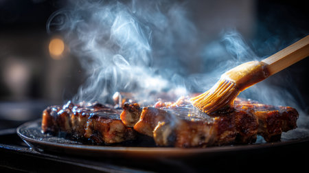 Discover the art of grilling with juicy pork chops, showcasing rich smoke and glaze application. Perfect for outdoor cooking enthusiasts and gourmet lovers.の素材