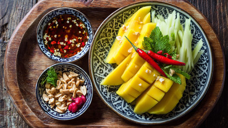 A visually appealing presentation of fresh mango salad featuring vibrant mango slices, chili peppers, and herbs on a decorative plate, perfect for healthy food photography.の素材