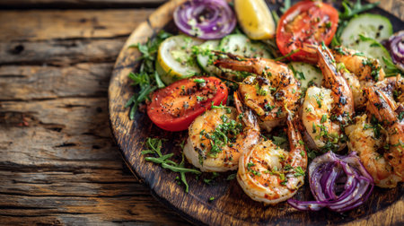 A visually appealing platter of grilled shrimp surrounded by fresh vegetables, perfectly garnished with herbs and spices, ideal for culinary presentations or recipes.の素材